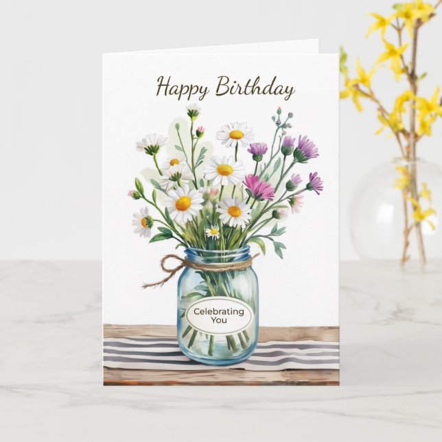 Carte Fleurs sauvages dans un pot Mason pour votre anniv (Fleur jaune)