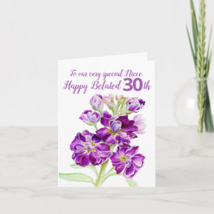 Carte Fleurs stocks violet nièce tardive 30e anniversair
