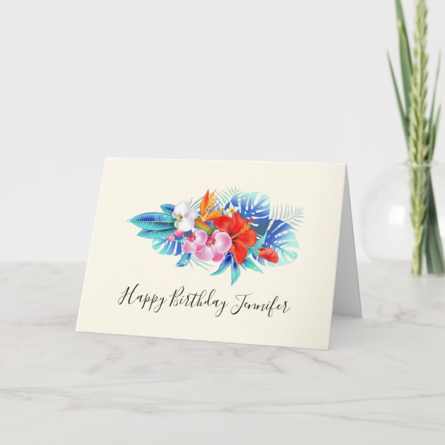 Carte Fleurs tropicales exotiques - Anniversaire rose et (Devant)