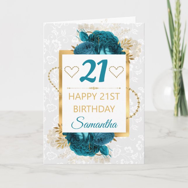 Carte Fleurs turquoises et huile d'or Anniversaire (Devant)