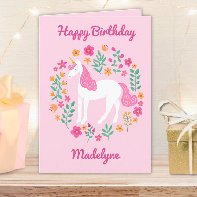 Carte Fleurs Unicorne Rose Cute Personnalisées Anniversa (Créateur téléchargé)