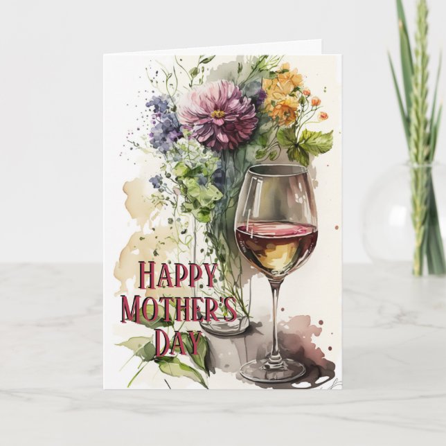 Carte Fleurs & Verre de Vin, Cadeau parfait, Fête des mè (Devant)