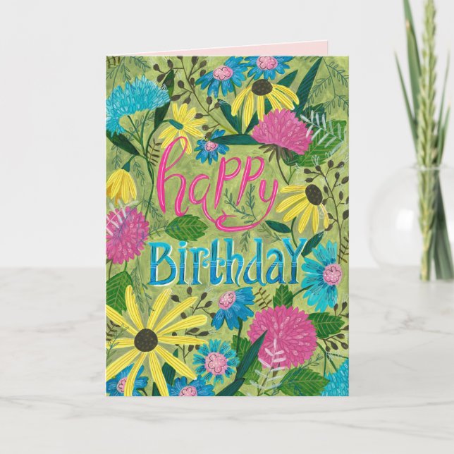 Carte Fleurs vert et rose fleuri heureux anniversaire (Devant)