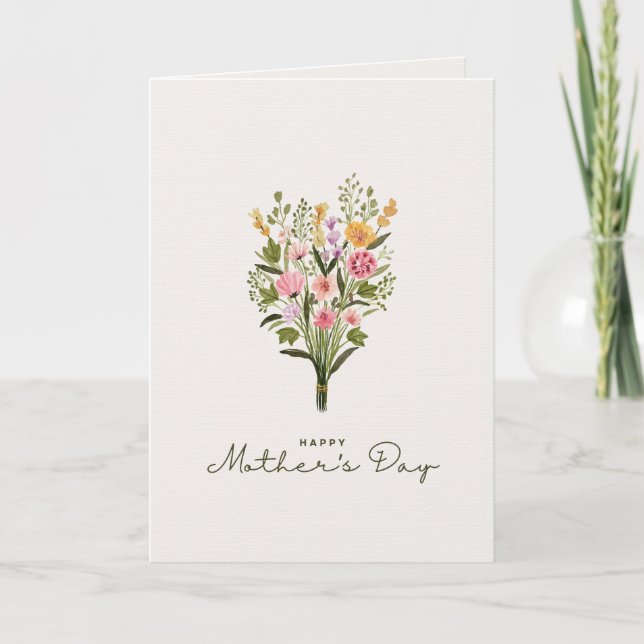 Carte Fleurs vertes et roses aquarelle pour la fête des  (Devant)