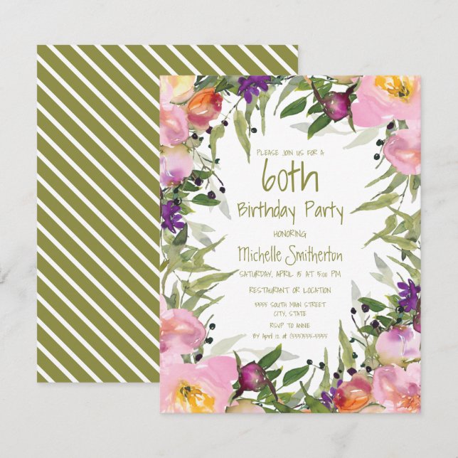 Carte Fleurs Vertes Floral Violet Rose 60e Anniversaire (Devant / Derrière)