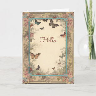 Carte Fleurs vintage Style Papillons Bonjour Salutation