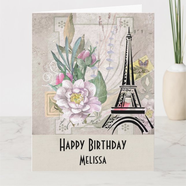 Carte Fleurs vintages, Tour Eiffel et anniversaire de Bu (Devant)