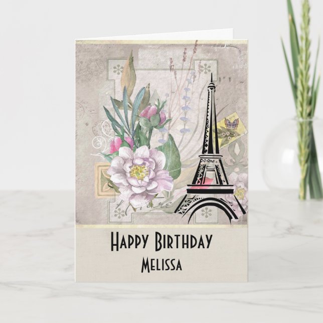 Carte Fleurs vintages, Tour Eiffel et anniversaire de Bu (Devant)