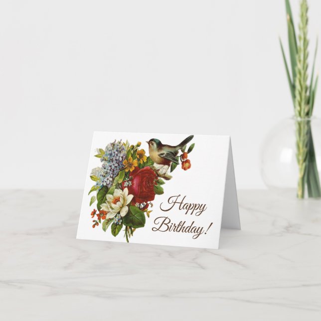 Carte Fleurs Vintages vibrantes et oiseaux Joyeux annive (Devant)