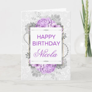 Carte Fleurs violettes argent et lilas pour anniversaire