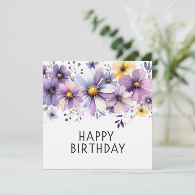 carte fleurs violettes joyeux anniversaire  (Debout devant)