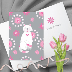 Carte Fleurs Whimsical Chat Blanc Anniversaire