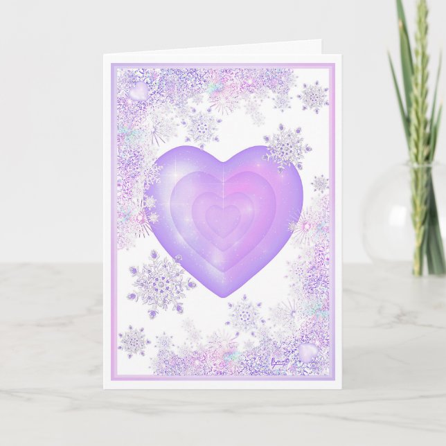 Carte flocon de neige violet clair et coeur étincelant (Devant)