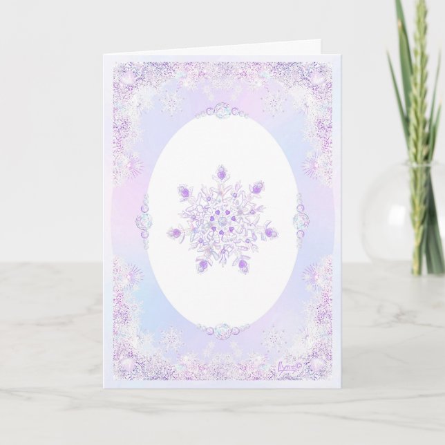 Carte flocon de neige violet clair et coeur étincelant (Devant)