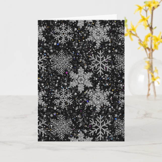 Carte Flocons de neige à paillettes argentées de Noël (Fleur jaune)