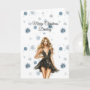 Carte Flocons de neige de Noël Robe noire Blond