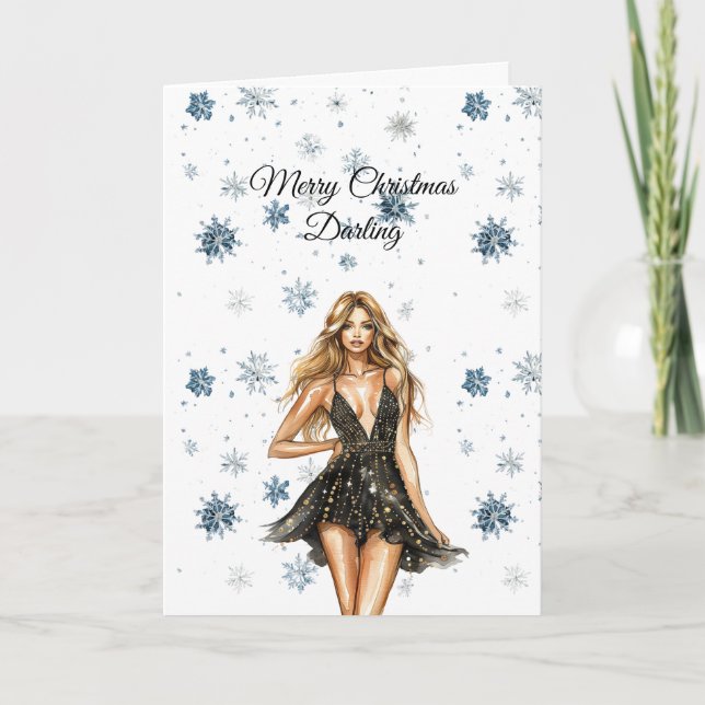 Carte Flocons de neige de Noël Robe noire Blond (Devant)