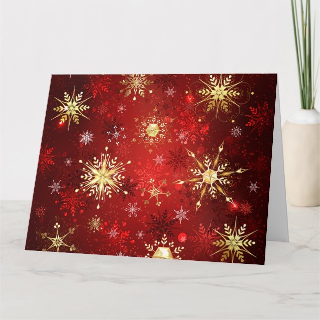 Carte Flocons de neige dorés de Noël sur fond rouge (Devant)