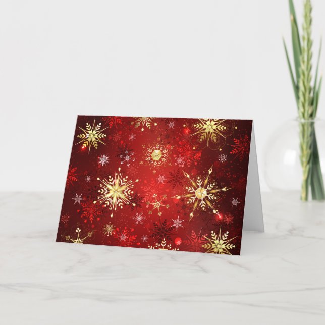 Carte Flocons de neige dorés de Noël sur fond rouge (Devant)