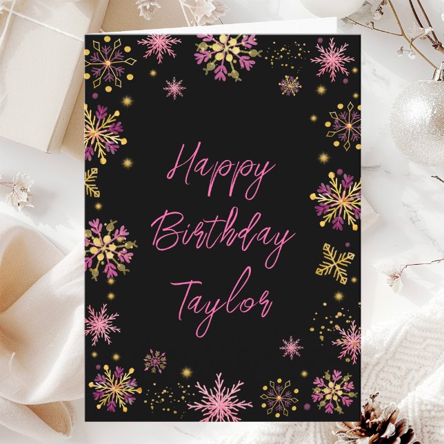Carte Flocons de neige dorés et roses Joyeux Anniversair (Créateur téléchargé)