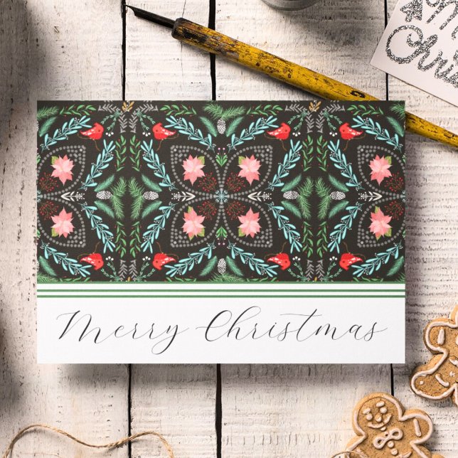 Carte Flocons de neige hivernaux, poinsettias, cardinaux (Créateur téléchargé)