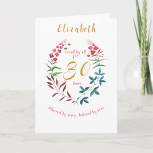 Carte Floral 30e anniversaire Aquarelle Rouge Bleu fleur