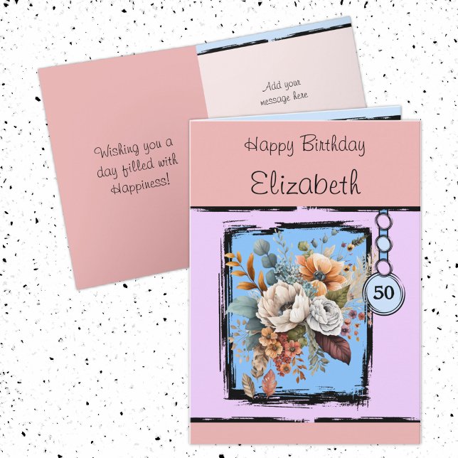 Carte Floral 50e anniversaire personnalisé nom rose (Créateur téléchargé)