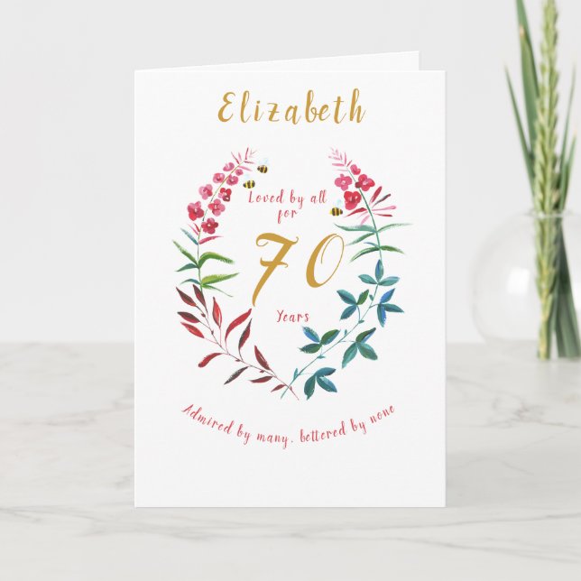 Carte Floral 70e Anniversaire Aquarelle Rouge Bleu fleur (Devant)