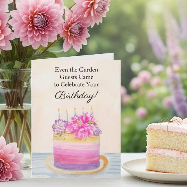 Carte Floral Birthday Cake with Dahlia and Garden Insect (Créateur téléchargé)