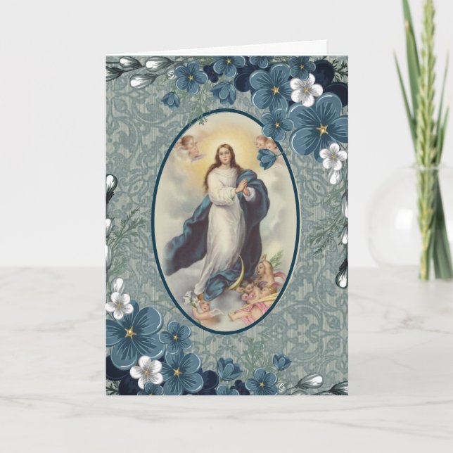 Carte Floral bleu | Catholique | Vierge Marie (Devant)