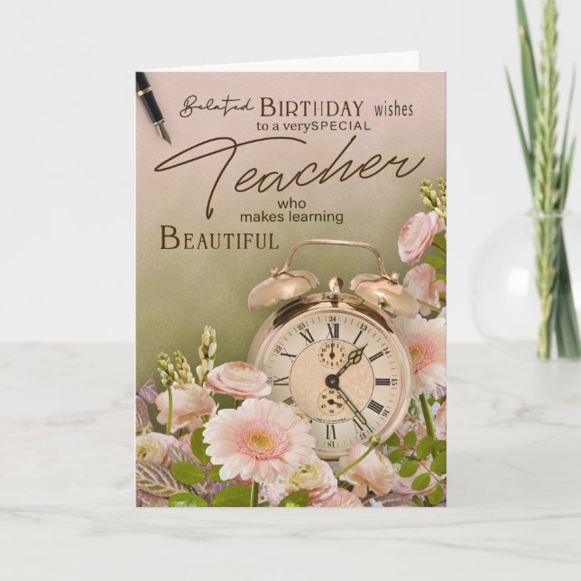 Carte Floral Clock Teacher Belated Birthday (Devant)