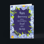 Carte Floral Friend et son anniversaire de femme<br><div class="desc">Bonne carte d'anniversaire mariage pour ami et sa femme avec de belles fleurs d'aquarelle bleue vintage,  et vers sentimental.</div>