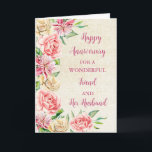 Carte Floral Friend & son mari Anniversaire<br><div class="desc">Joyeuse carte d'anniversaire mariage pour l'ami et son mari avec de belles fleurs vintages aquarelle,  burlap rustique et vers sentimental.</div>