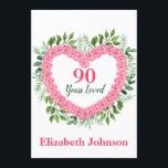 Carte Floral Heart 90th Birthday Card for Women<br><div class="desc">Faites-lui savoir combien elle a aimé à l'occasion de son 90e anniversaire avec cette jolie carte de 90e anniversaire au coeur floral pour les femmes. La superbe carte de voeux rose et vert 90ème anniversaire comporte un coeur de roses roses et l'inscription sucrée "90 Years Loved". Ajoutez son nom pour...</div>