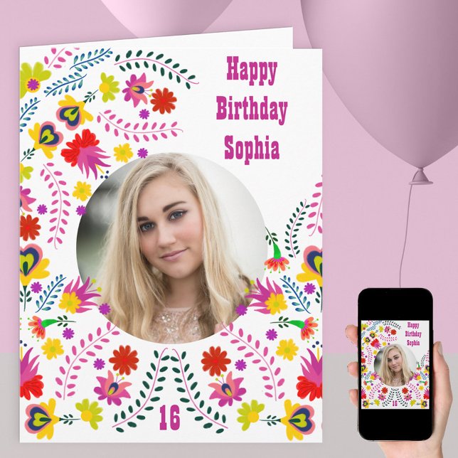 Carte Floral Mexicain Folk Art Any Age Photo Anniversair (Créateur téléchargé)