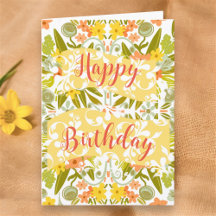 Floral Orange Jaune Art Original Joyeux Anniversai