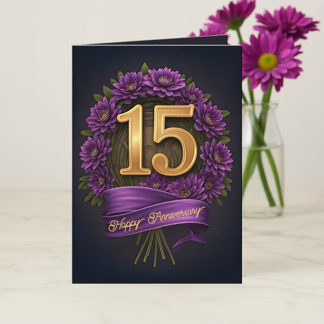 Carte Floral Purple et Gold 15e anniversaire Mariage (Créateur téléchargé)
