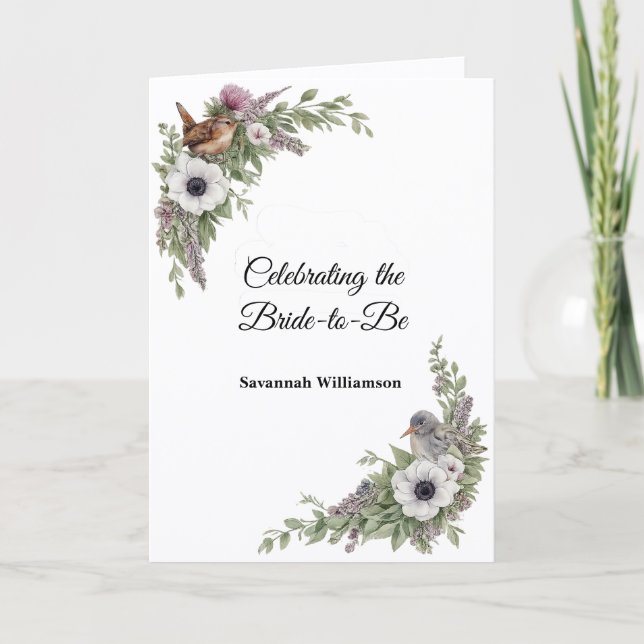 Carte Floral Purple Green Songbirds Bridal Shower (Devant)
