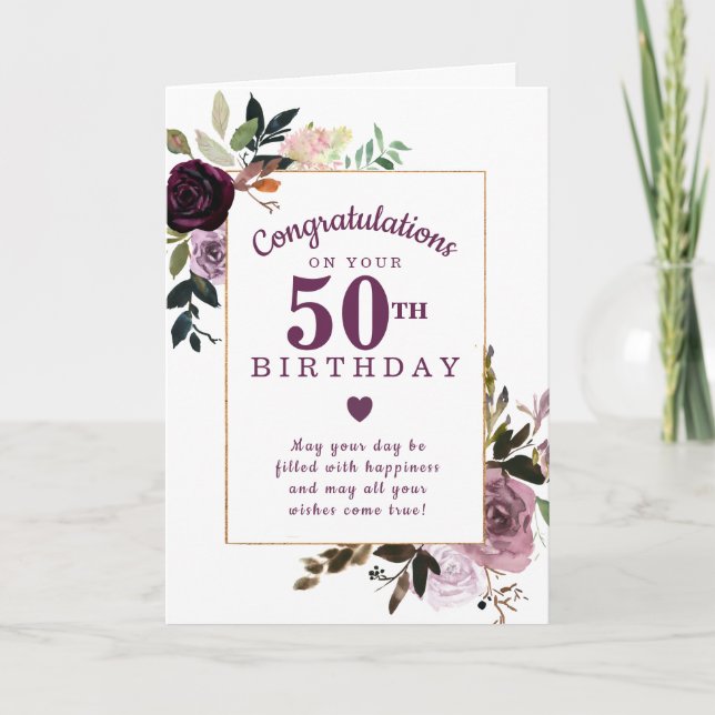 Carte Floral rose mauve 50e anniversaire (Devant)