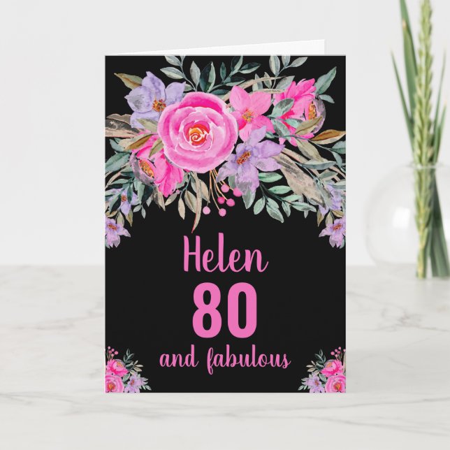 carte florale aquarelle rose noir pour 80 ans (Devant)