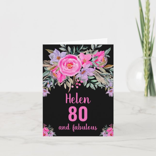 carte florale aquarelle rose noir pour 80e anniver (Devant)