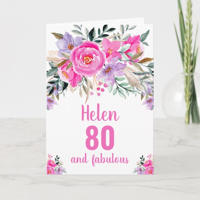Carte florale aquarelle rose pour 80 ans (Devant)