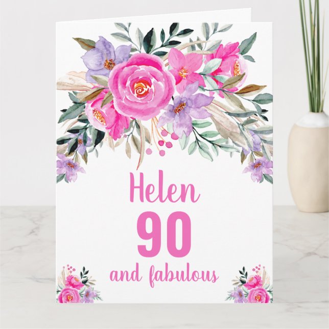 carte florale aquarelle rose pour 90e anniversaire (Devant)