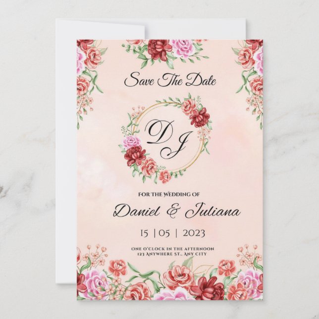 Carte florale aquarelle rouge beige, élégante fl e (Devant)