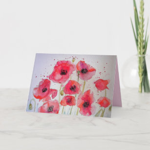 Carte florale de peinture à l'aquarelle Red Poppy 
