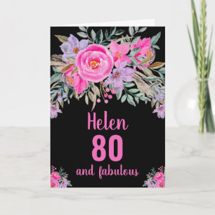Carte florale noire rose 80e anniversaire
