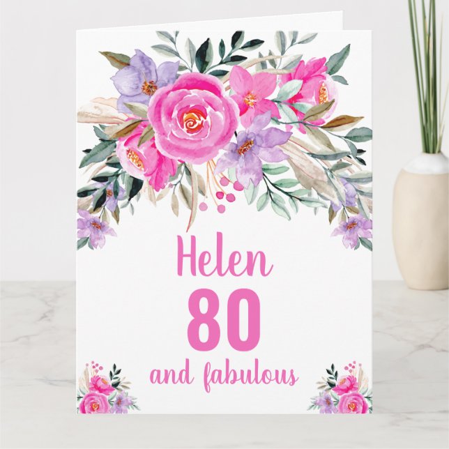Carte florale rose d'aquarelle 80e anniversaire (Devant)