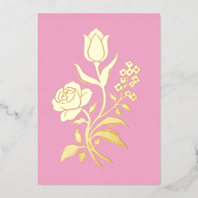 Carte Florale Vinatge -  art folklorique  rose  or (Recto)