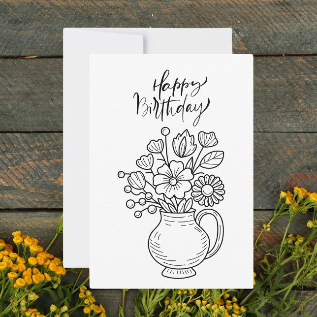 Carte Flore Boho Noir & Blanc Joyeux Anniversaire  (Créateur téléchargé)