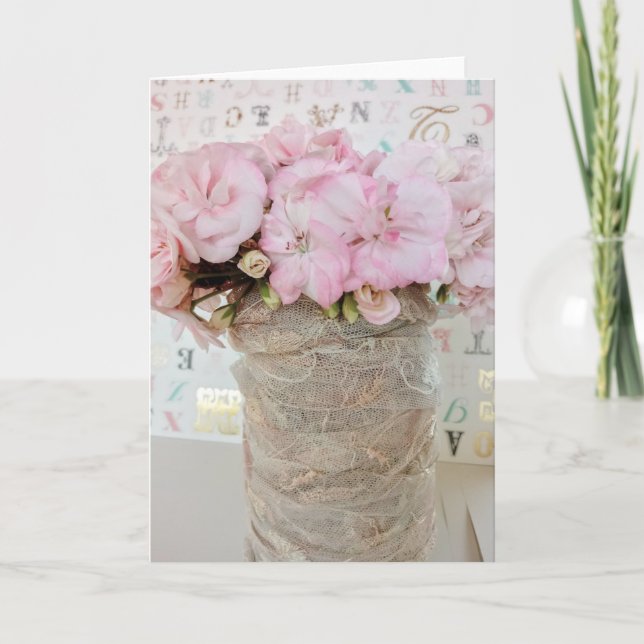 Carte Flores geranio rosa en bote de cristal con encaje (Devant)